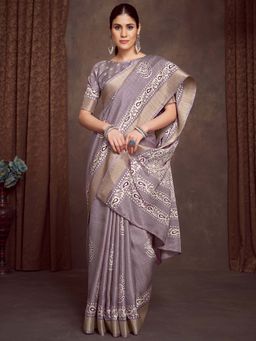 Akhilam - Mauve Printed Silk Blend Saree with Unstitched Blouse