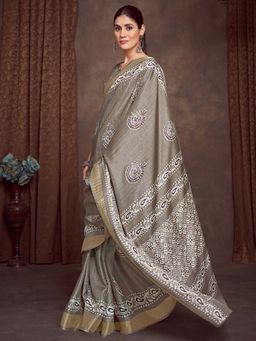 Akhilam - Cream Printed Silk Blend Saree with Unstitched Blouse