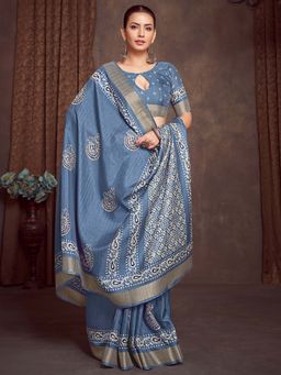 Akhilam - Blue Printed Silk Blend Saree with Unstitched Blouse