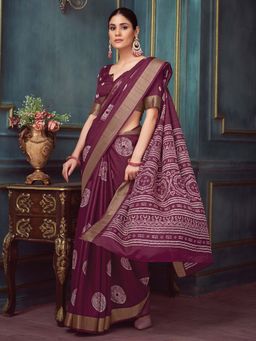 Akhilam - Burgundy Printed Silk Blend Saree with Unstitched Blouse