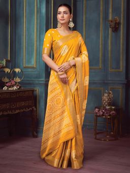 Akhilam - Yellow Printed Silk Blend Saree with Unstitched Blouse