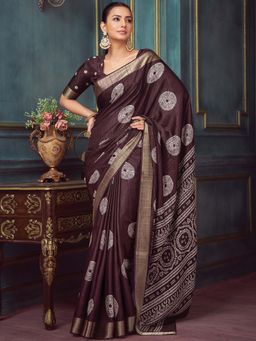 Akhilam - Brown Printed Silk Blend Saree with Unstitched Blouse
