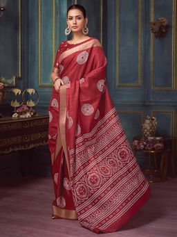 Akhilam - Red Printed Silk Blend Saree with Unstitched Blouse
