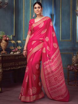 Akhilam - Pink Printed Silk Blend Saree with Unstitched Blouse