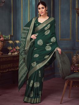 Akhilam - Green Printed Silk Blend Saree with Unstitched Blouse