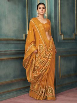 Akhilam - Mustard Printed Silk Blend Saree with Unstitched Blouse