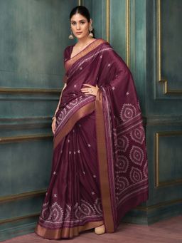 Akhilam - Burgundy Printed Silk Blend Saree with Unstitched Blouse