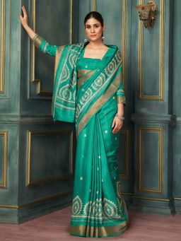 Akhilam - Teal Printed Silk Blend Saree with Unstitched Blouse