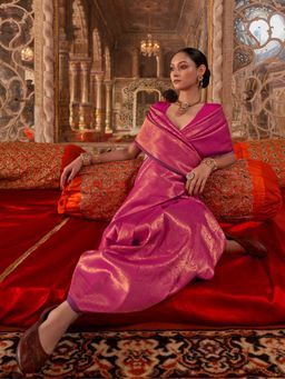 Akhilam - Pink Woven Silk Blend Saree with Unstitched Blouse