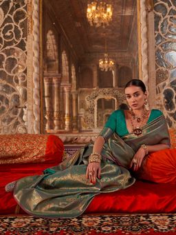 Akhilam - Teal Woven Silk Blend Saree with Unstitched Blouse