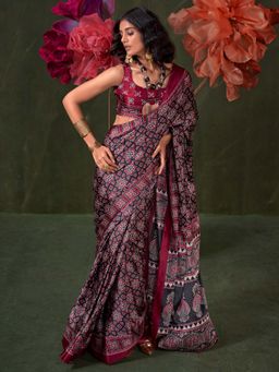 Akhilam - Black Printed Crepe Saree with Unstitched Blouse
