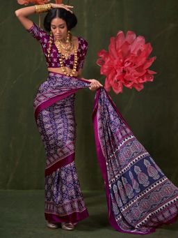 Akhilam - Navy Blue Printed Crepe Saree with Unstitched Blouse