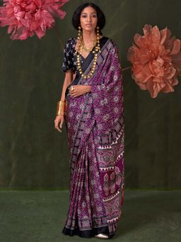 Akhilam - Purple Printed Crepe Saree with Unstitched Blouse