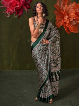 Akhilam - Green Printed Crepe Saree with Unstitched Blouse