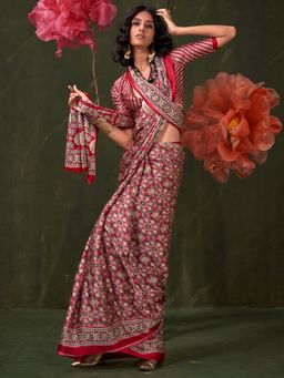 Akhilam - Red Printed Crepe Saree with Unstitched Blouse