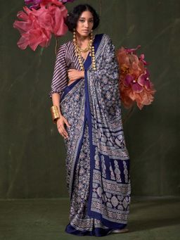 Akhilam - Navy Blue Printed Crepe Saree with Unstitched Blouse