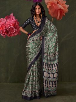 Akhilam - Green Printed Crepe Saree with Unstitched Blouse