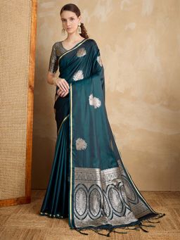 Akhilam - Teal Woven Satin Saree with Unstitched Blouse