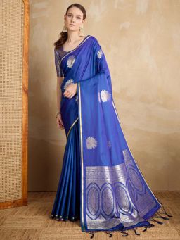 Akhilam - Navy Blue Woven Satin Saree with Unstitched Blouse