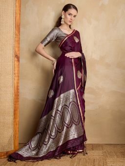 Akhilam - Wine Woven Satin Saree with Unstitched Blouse