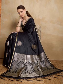 Akhilam - Black Woven Satin Saree with Unstitched Blouse