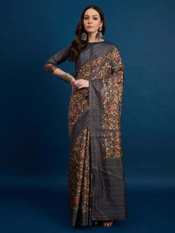 Akhilam - Grey Printed Silk Blend Saree with Unstitched Blouse