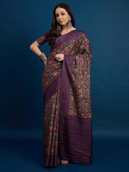 Akhilam - Purple Printed Silk Blend Saree with Unstitched Blouse