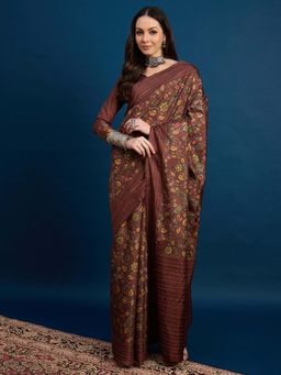 Akhilam - Brown Printed Silk Blend Saree with Unstitched Blouse