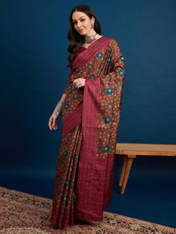 Akhilam - Maroon Printed Silk Blend Saree with Unstitched Blouse