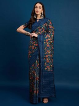 Akhilam - Navy Blue Printed Silk Blend Saree with Unstitched Blouse