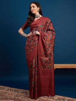 Akhilam - Maroon Printed Silk Blend Saree with Unstitched Blouse