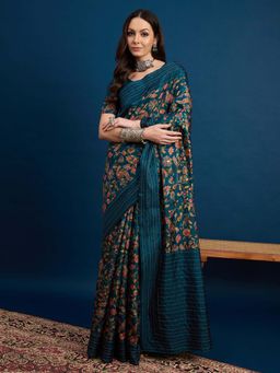 Akhilam - Teal Printed Silk Blend Saree with Unstitched Blouse