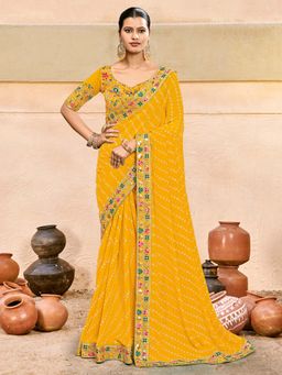 Akhilam - Yellow Embroidered Georgette Saree with Unstitched Blouse
