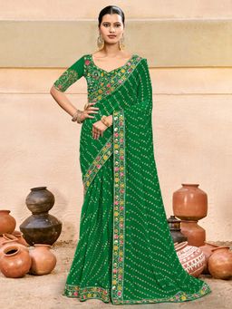 Akhilam - Green Embroidered Georgette Saree with Unstitched Blouse