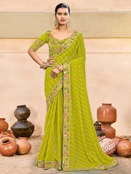 Akhilam - Green Embroidered Georgette Saree with Unstitched Blouse