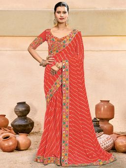 Akhilam - Rust Embroidered Georgette Saree with Unstitched Blouse
