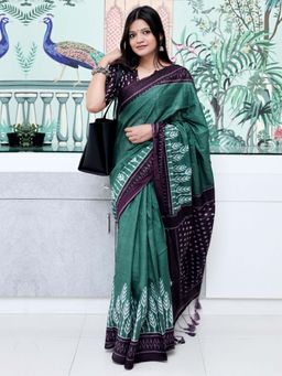 Akhilam - Green Printed Cotton Saree with Unstitched Blouse