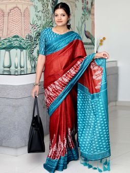 Akhilam - Rust Printed Cotton Saree with Unstitched Blouse