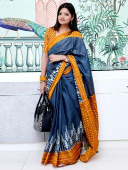 Akhilam - Grey Printed Cotton Saree with Unstitched Blouse