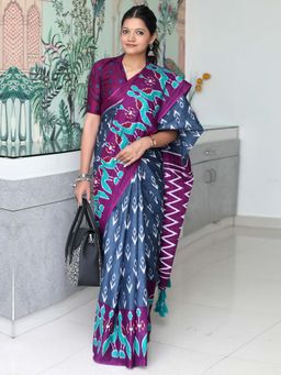 Akhilam - Grey Printed Cotton Saree with Unstitched Blouse