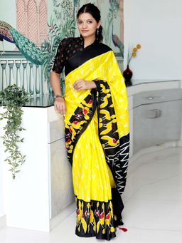 Akhilam - Yellow Printed Cotton Saree with Unstitched Blouse