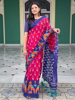 Akhilam - Pink Printed Cotton Saree with Unstitched Blouse