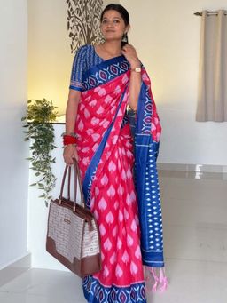 Akhilam - Pink Printed Cotton Saree with Unstitched Blouse