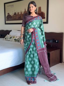 Akhilam - Green Printed Cotton Saree with Unstitched Blouse