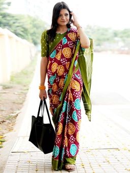Akhilam - Maroon Printed Cotton Saree with Unstitched Blouse