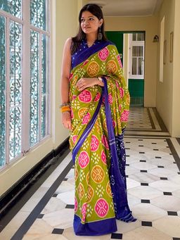 Akhilam - Green Printed Cotton Saree with Unstitched Blouse