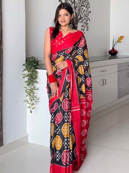 Akhilam - Black Printed Cotton Saree with Unstitched Blouse