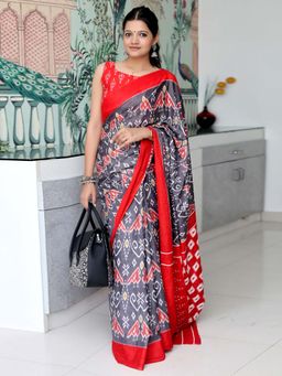 Akhilam - Grey Printed Cotton Saree with Unstitched Blouse