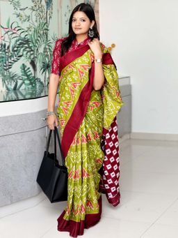 Akhilam - Olive Printed Cotton Saree with Unstitched Blouse