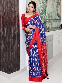Akhilam - Navy Blue Printed Cotton Saree with Unstitched Blouse
